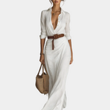 Luminta - Rochie Maxi Lungă cu Guler Reversibil și Mâneci Lungi