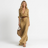 Elena – Rochie Maxi Elegantă cu Guler Revers și Talie Marcată