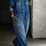Sofia™ | Salopetă din denim cu umeri descoperiți