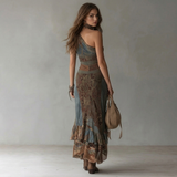 Aura - Rochie lungă asimetrică cu imprimeu etnic și fante înaltă