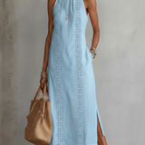 Jimena - Rochie midi din in cu guler Mao